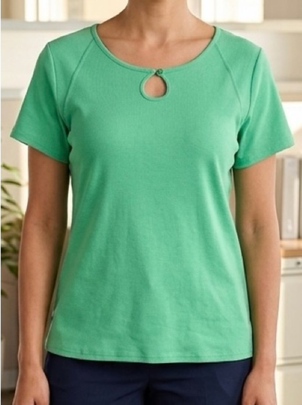 Kim Rogers 100% Cotton Mint Green Keyhole Top Raglan Short Sleeve Blouse L EUC